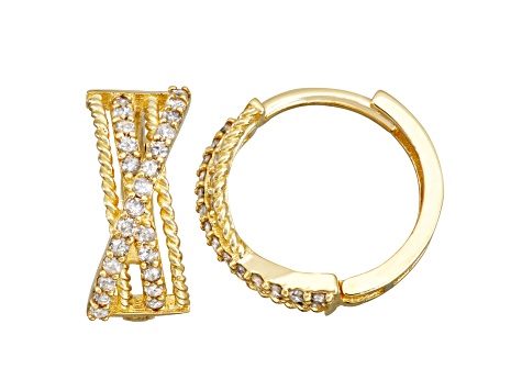 White Diamond 10K Yellow Gold Crossover Huggie Hoop Earrings 0.20ctw