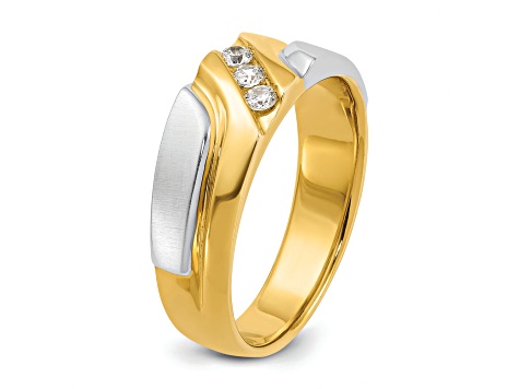 10K Two-tone Yellow and White Gold Men's Polished and Satin Grooved 3-Stone A Diamond Ring 0.15ctw