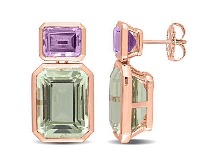 28 CT TGW Rose de France and Green Quartz 2-Stone Earrings in Rose Plated Sterling Silver