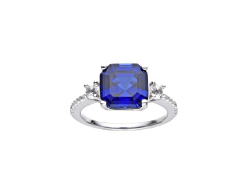 Picture of Asscher Cut Lab Created Blue Sapphire and Round White Topaz Rhodium Over Sterling Silver Ring