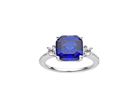 Asscher Cut Lab Created Blue Sapphire and Round White Topaz Rhodium Over Sterling Silver Ring