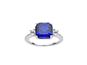 Asscher Cut Lab Created Blue Sapphire and Round White Topaz Rhodium Over Sterling Silver Ring