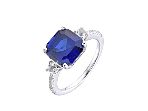 Asscher Cut Lab Created Blue Sapphire and Round White Topaz Rhodium Over Sterling Silver Ring
