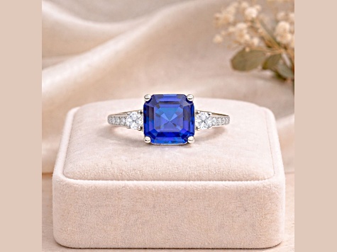 Asscher Cut Blue Lab Created Sapphire Ring with Round White  display picture 1