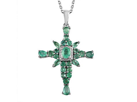 Sterling Silver Zambian Emerald and White Zircon Pendant With Chain 2.15ctw