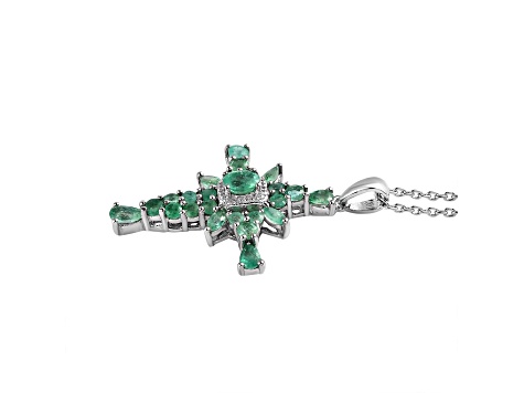 Sterling Silver Zambian Emerald and White Zircon Pendant With Chain 2.15ctw