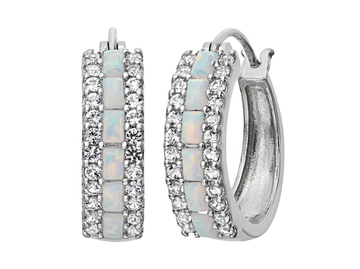 White Lab Created Opal Sterling Silver Hoop Earrings 1.20ctw