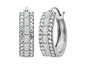 White Lab Created Opal Sterling Silver Hoop Earrings 1.20ctw