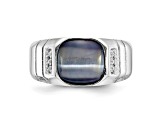 Rhodium Over 10K White Gold Diamond and Grey Onyx Cat's Eye Ring