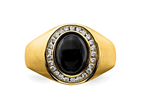 14K Yellow Gold Lab Grown Diamond and Oval Onyx Men's Ring