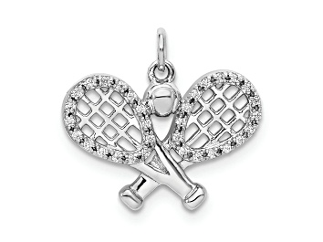 Picture of Rhodium Over 14k White Gold Textured Diamond Rackets and Ball Pendant