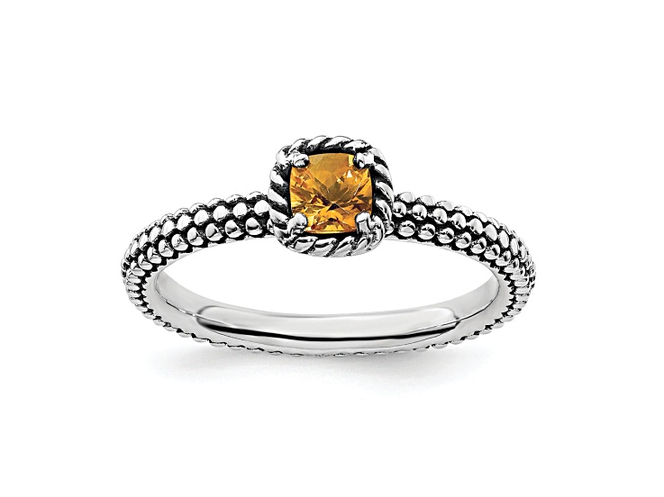 Sterling Silver Stackable Expressions Checker-cut Citrine Antiqued Ring 0.21ctw