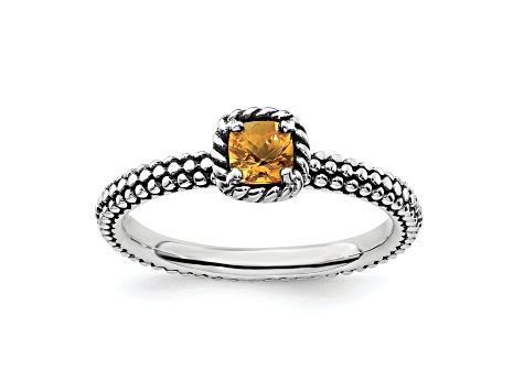 Sterling Silver Stackable Expressions Checker-cut Citrine Antiqued Ring 0.21ctw