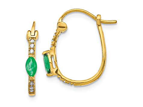 10k Yellow Gold 9/16" Diamond and 0.22ctw Emerald May Birthstone Hinged Hoop Earrings