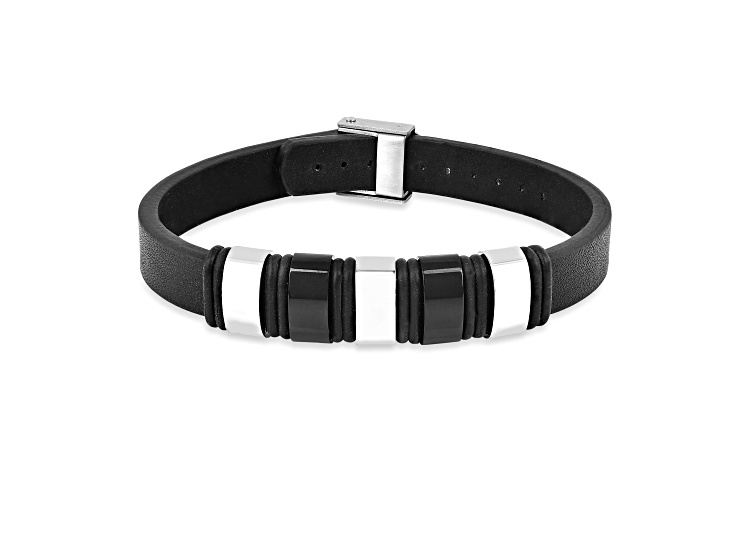 Mens Black Leather and Stainless Steel Station Bracelet