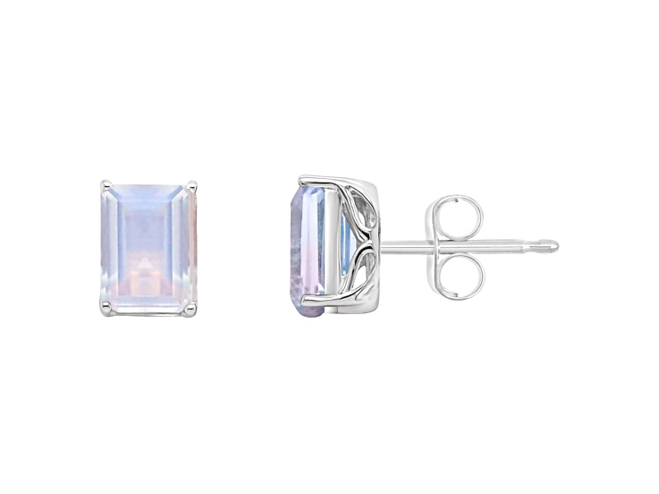 8x6mm Rectangular Octagonal Moonstone Rhodium Over Sterling Silver Stud Earrings