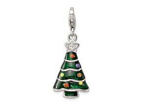 Rhodium Over Sterling Silver CZ and Enameled Christmas Tree Charm