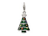 Rhodium Over Sterling Silver CZ and Enameled Christmas Tree Charm