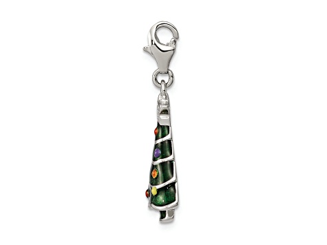 Rhodium Over Sterling Silver CZ and Enameled Christmas Tree Charm