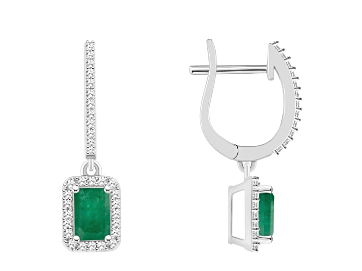6x4mm Emerald Cut Emerald 1/3 ctw Diamond Rhodium Over Sterling Silver Halo Dangle Earrings