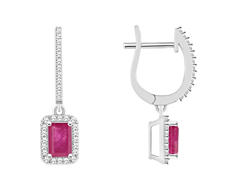 6x4mm Emerald Cut Ruby 1/3 ctw Diamond Rhodium Over Sterling Silver Halo Dangle Earrings