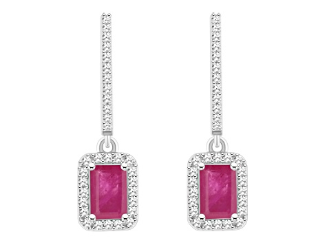 6x4mm Emerald Cut Ruby 1/3 ctw Diamond Rhodium Over Sterling Silver Halo Dangle Earrings