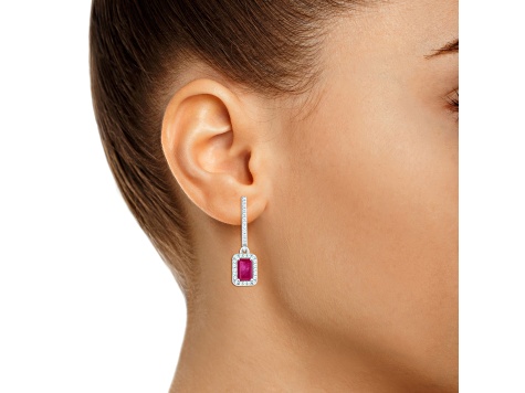 6x4mm Emerald Cut Ruby 1/3 ctw Diamond Rhodium Over Sterling Silver Halo Dangle Earrings