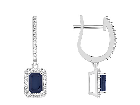 6x4mm Emerald Cut Sapphire 1/3 ctw Diamond Rhodium Over Sterling Silver Halo Dangle Earrings