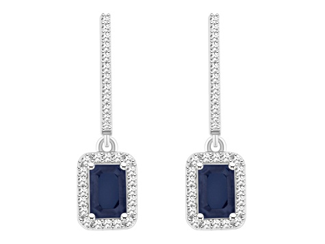 6x4mm Emerald Cut Sapphire 1/3 ctw Diamond Rhodium Over Sterling Silver Halo Dangle Earrings