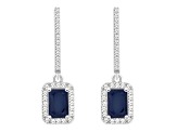 6x4mm Emerald Cut Sapphire 1/3 ctw Diamond Rhodium Over Sterling Silver Halo Dangle Earrings