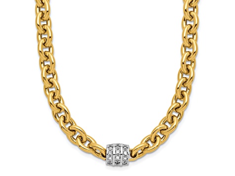 14K Yellow Gold with White Rhodium Diamond Oval Link 18 Inch Necklace