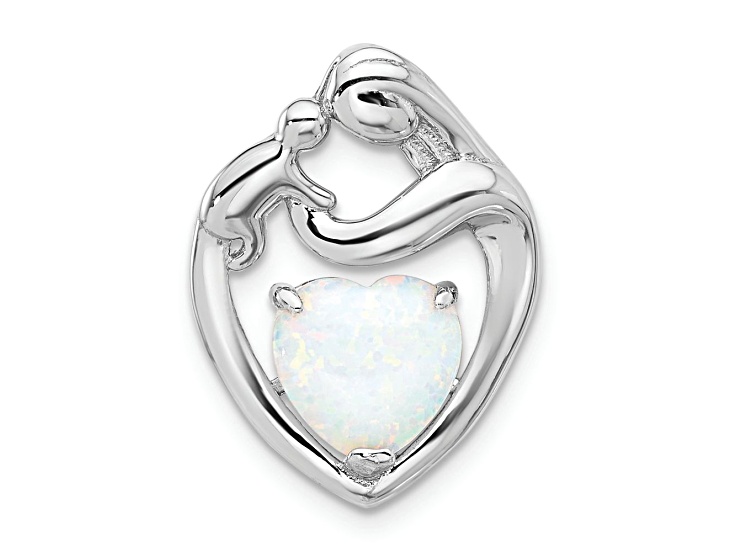 Rhodium Over Sterling Silver Lab Created Opal Mother and Child Heart Slide Pendant