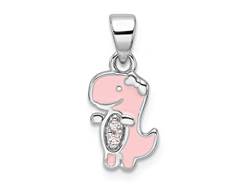 Picture of Rhodium Over Sterling Silver Pink Enamel and Cubic Zirconia Dinosaur Children's Pendant