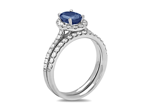 1.45ctw Sapphire and Diamond Engagement Ring with Band Ring in 14k White Gold