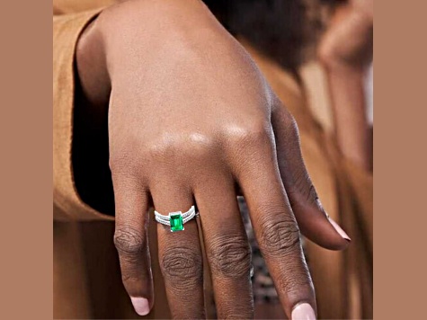 Lab Created Emerald and Moissanite Rectangular Octagonal Rhodium Over Sterling Silver Ring