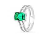 Lab Created Emerald and Moissanite Rectangular Octagonal Rhodium Over Sterling Silver Ring