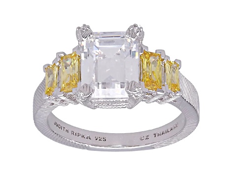 Judith Ripka 5.85ctw White and Canary Bella Luce Diamond Simulant Rhodium Over Sterling Silver Ring