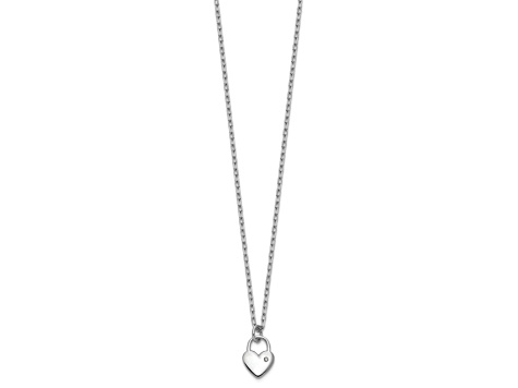 Rhodium Over Sterling Silver Polished Cubic Zirconia Heart Lock Necklace