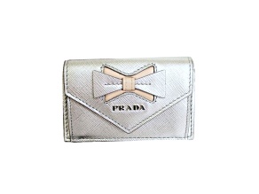 Prada Ribbon Saffiano Metallic Silver and Beige Leather Trifold Wallet