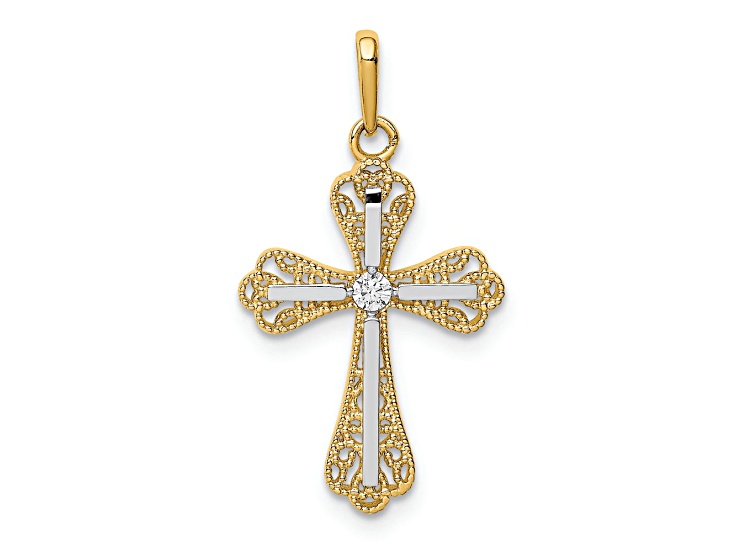 14K Two-tone Gold Textured Cubic Zirconia Cross Pendant