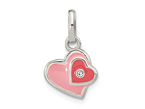 Rhodium Over Sterling Silver Pink Enamel Cubic Zirconia Double Heart Pendant