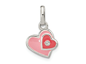 Rhodium Over Sterling Silver Pink Enamel Cubic Zirconia Double Heart Pendant