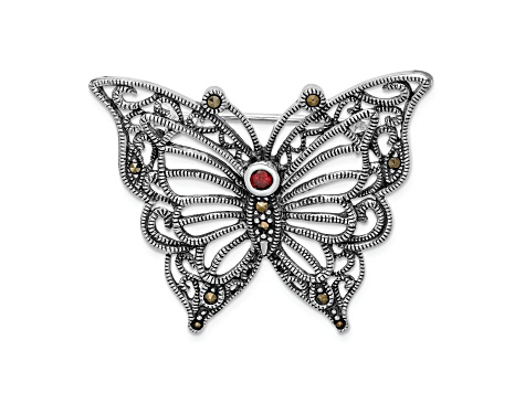 Rhodium Over Sterling Silver Marcasite Red Cubic Zirconia Butterfly Pin Brooch