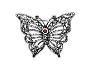 Rhodium Over Sterling Silver Marcasite Red Cubic Zirconia Butterfly Pin Brooch