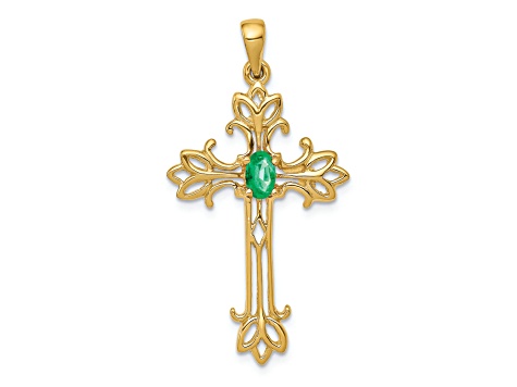 14K Yellow Gold 5x3mm Oval Emerald Cross Pendant