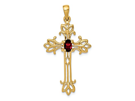 14K Yellow Gold 5x3mm Oval Garnet Cross Pendant