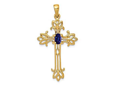 14K Yellow Gold 5x3mm Oval Sapphire Cross Pendant