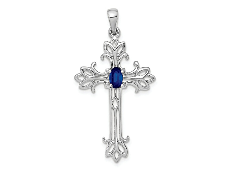 Rhodium Over 14K White Gold.35 Sapphire Cross Pendant
