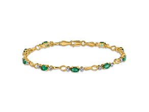 14k Yellow Gold and Rhodium Over 14k Yellow Gold Open-Link Diamond and Emerald Bracelet