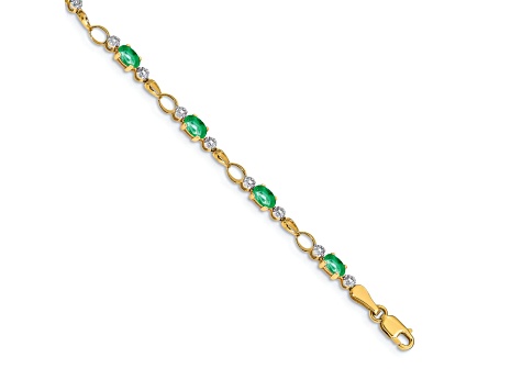 14k Yellow Gold and Rhodium Over 14k Yellow Gold Open-Link Diamond and Emerald Bracelet